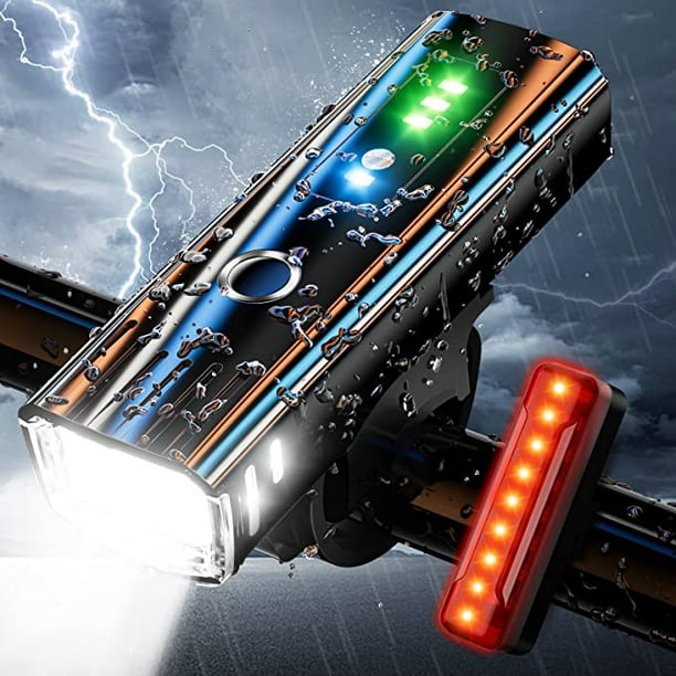 Juego de luces para bicicleta IPSXP, luz delantera LED recargable de 1400 lúmenes con detección automática, 4 modos de brillo, 1 luz trasera roja, resistente al agua, ideal para ciclistas que acampan.
