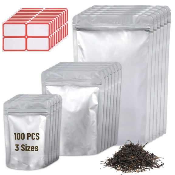 100 PCS Mylar Bags for Food Storage, Stand-Up Aluminum Foil Pouches with Self-Sealing Strip, Easy-to-Tear Notch, Heat Sealable Bags for Coffee Beans, Tea, Snacks, Nuts, Jerky
