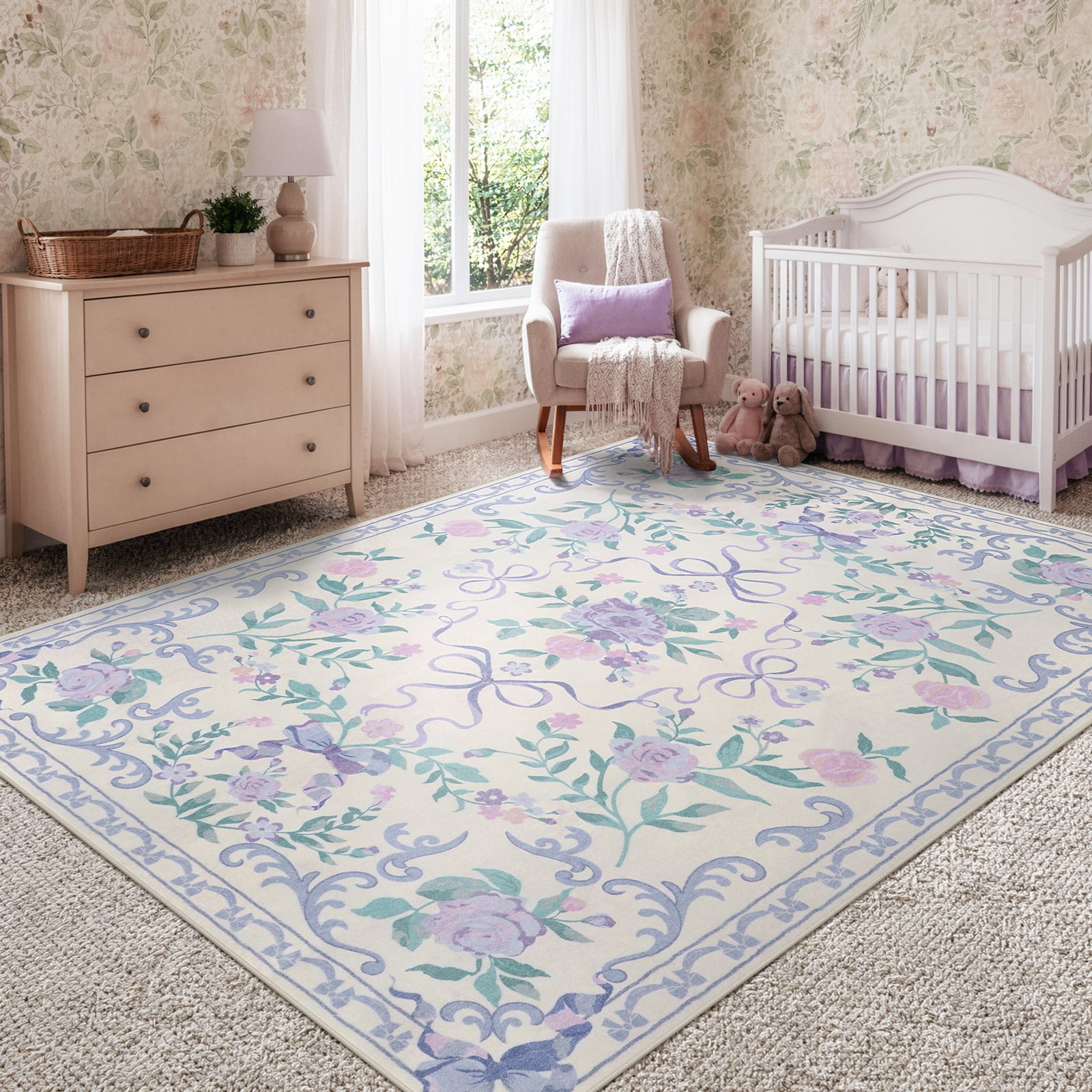 Lahome Washable 5'x7' Floral Bow Area Rug, Purple Rugs for Living Room, Soft Ultra-Thin Non-Slip Carpet for Girls Bedroom Nursery Dorm Kids Room Playroom, Purple