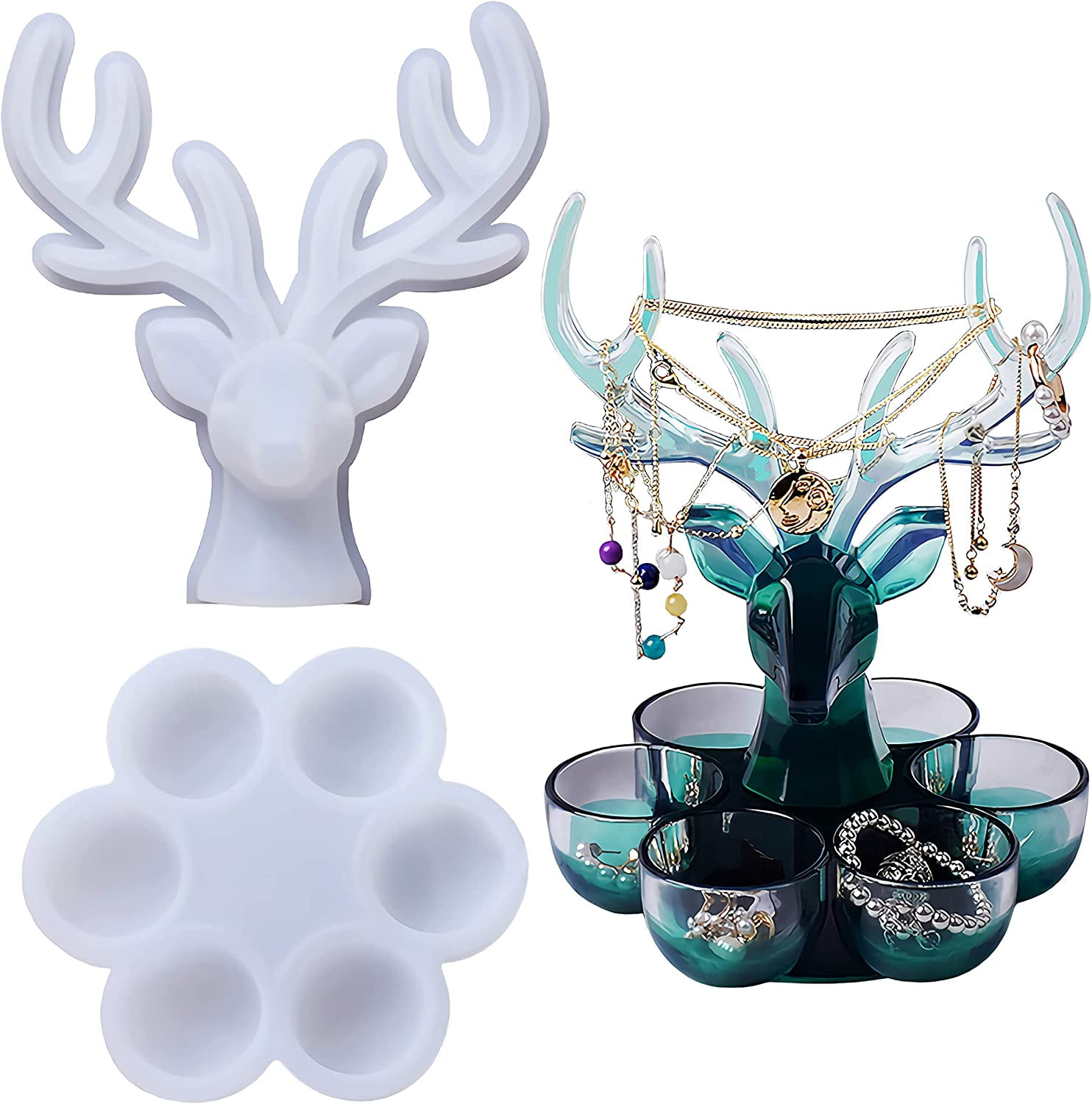 ABCISI Resin Kits and Molds Complete Set, Silicone Resin Mold Storage Boxes with Deer Handicraft Resin Mold Kit, 6 Bowl-Shaped Boxes for Candlestick, Candy, Makeup and Jewelry Containers
