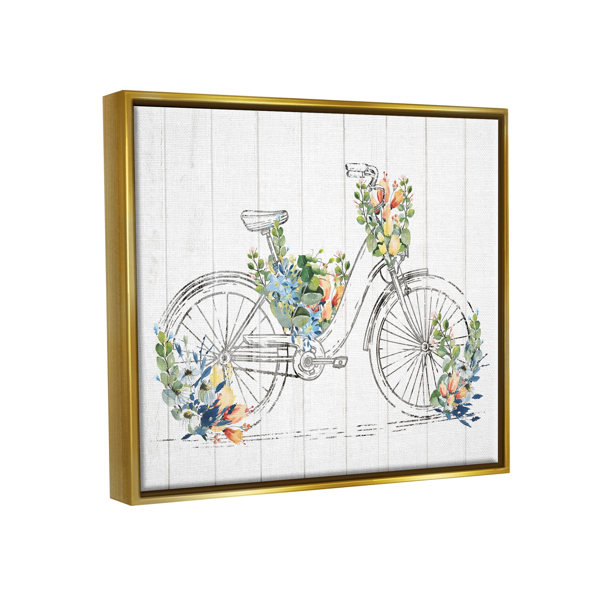 Stupell Industries Floral Country Bicycle Transportation Painting Gold Floater Framed Canvas Art Print Wall Art, 31 x 25