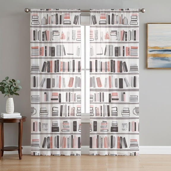 Abstract Bookshelf Semi Sheer Curtains 72 Inch Length 2 Panels Set, Modern Literary Books Aesthetic Sheer Kitchen Curtain Privacy Voile Window Curtain for Living Room Bedroom Rod Pocket Drapes