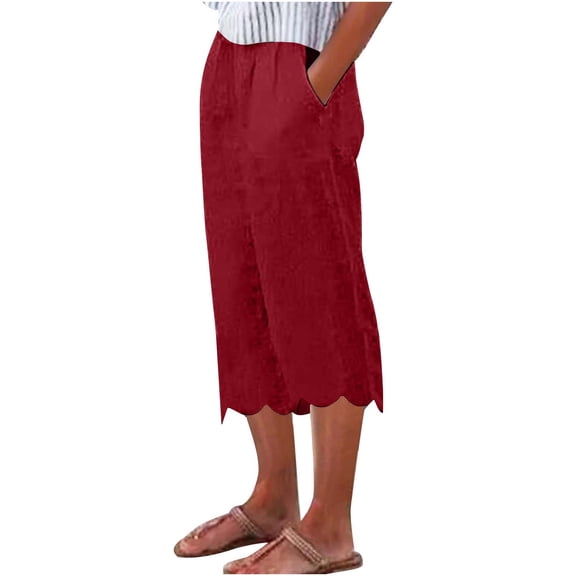 JnLxul Womens Capri Pants Loose Elastic Waist Wide Leg Lace Hem Summer Casual Beach Vacation Capris with Pockets(X-Large,Red)