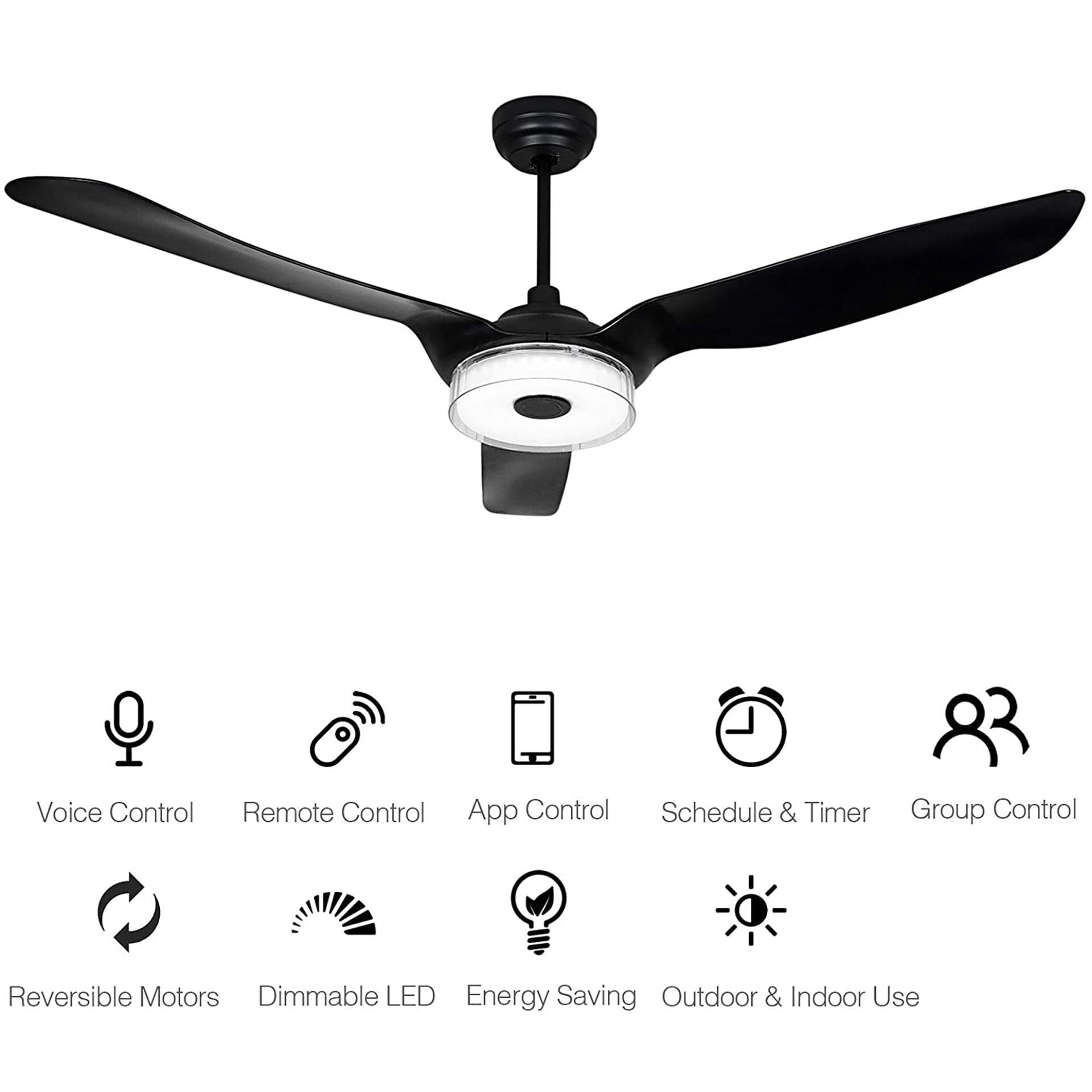 LED Bulb Energy Efficient 52" Indoor Black Ceiling Fan 3 Speed Reversible Blade 