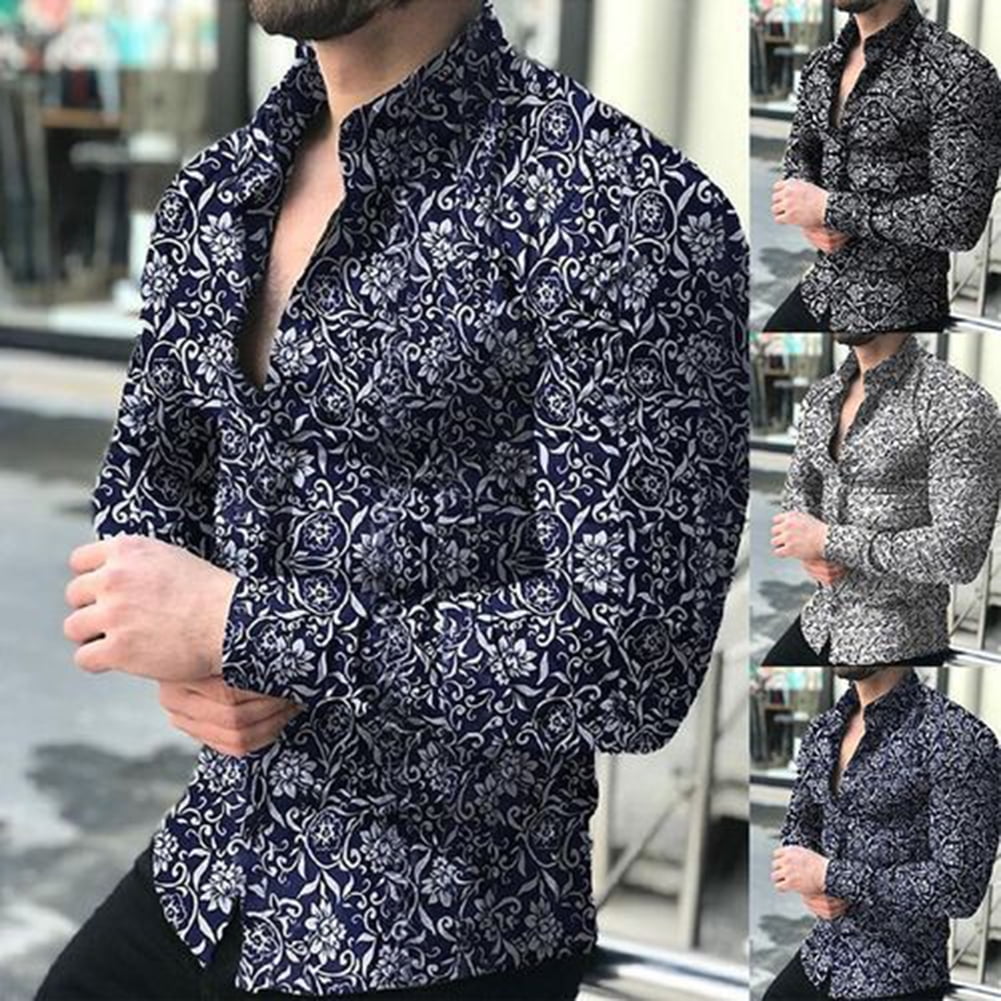 Men's Long Sleeve Button Down Slim Fit Casual & Dress Shirt Printed Design 