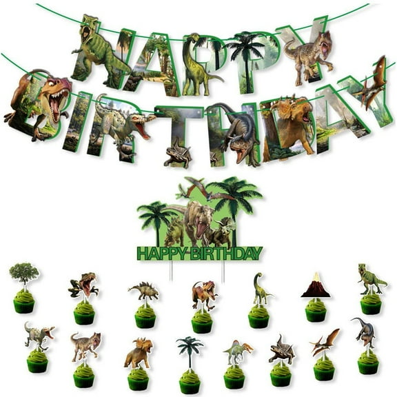 Dinosaur Theme Party Decoration Happy Birthday Banner Flag Dino Cake Topper Jungle Safari Birthday Party Supplies