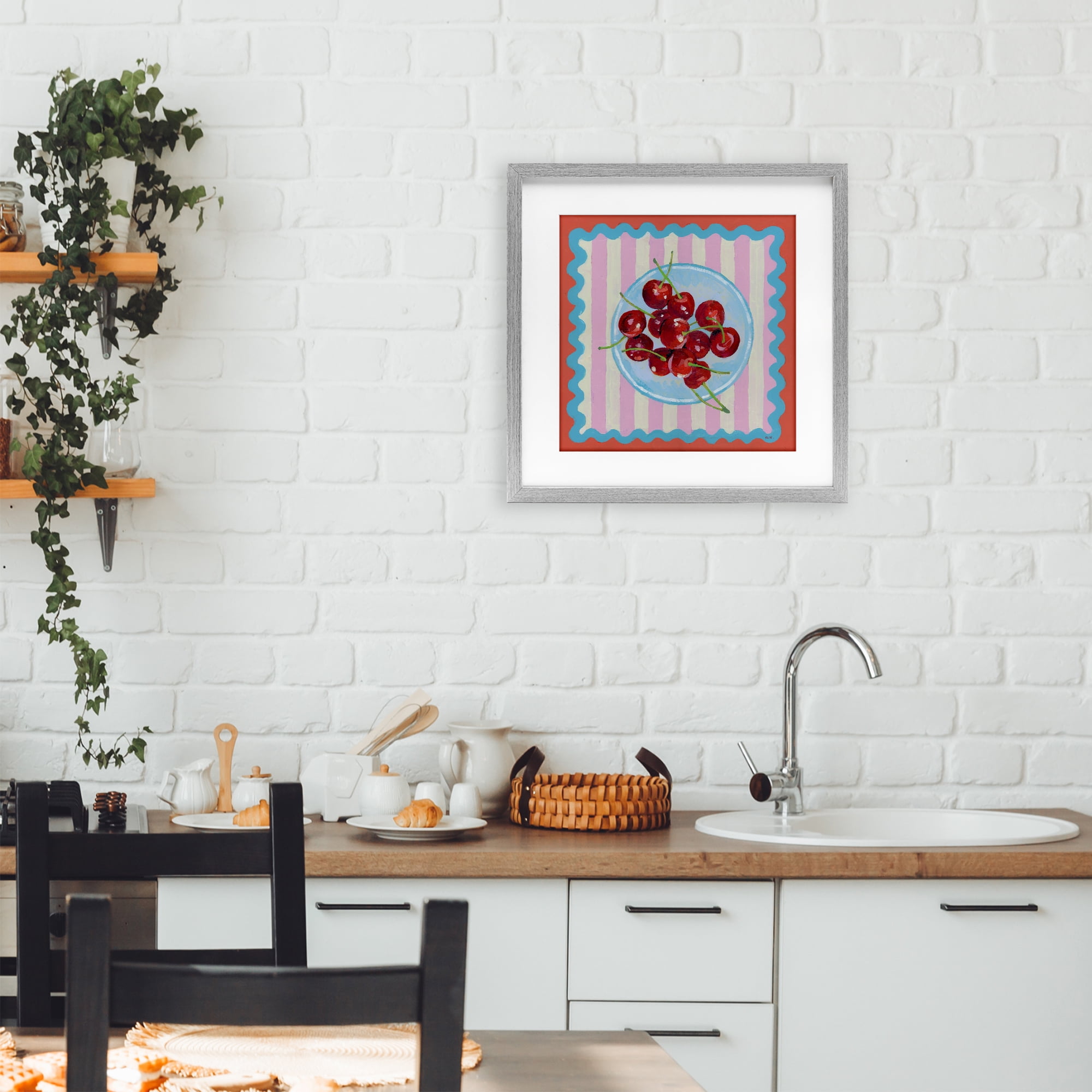 Stupell Industries Red Cherries over Pink Stripes Gray Framed Print Under Glass, design by Rachael Reese