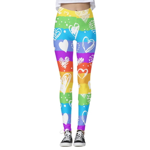 Bibifish Women's Yoga Pants Striped Color Block Rainbow Heart Print Elastic Waist Yoga Pants Breathable Gym Session Playful Leggings