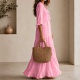 thumbnail image 5 of HVOBTTY Womens Maxi Dress Deep V Neck Ruffle 3/4 Sleeve red Solid Color Long Romantic, 5 of 5