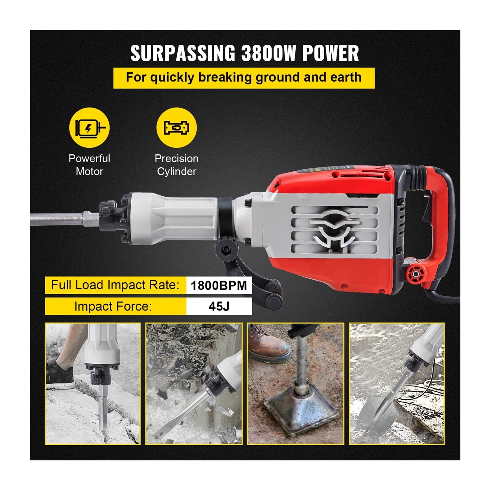 Demolition Jack Hammer 3800W Multifunctional Rotary Hammer With Box Concrete Ground Breaking Electric Hammer Tool Impact Drill For Trenching, Chipping, Breaking Holes ,Efficient and Reliable