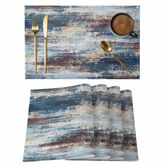 Bohemia Placemats Set of 6 Vintage Abstract Minimalist Texture Blue Brown Place Mats Indoor Wipeable Table Mats Washable Cloth Dining Table Placemats for Kitchen Holiday Party Home Decor 13x19 Inch