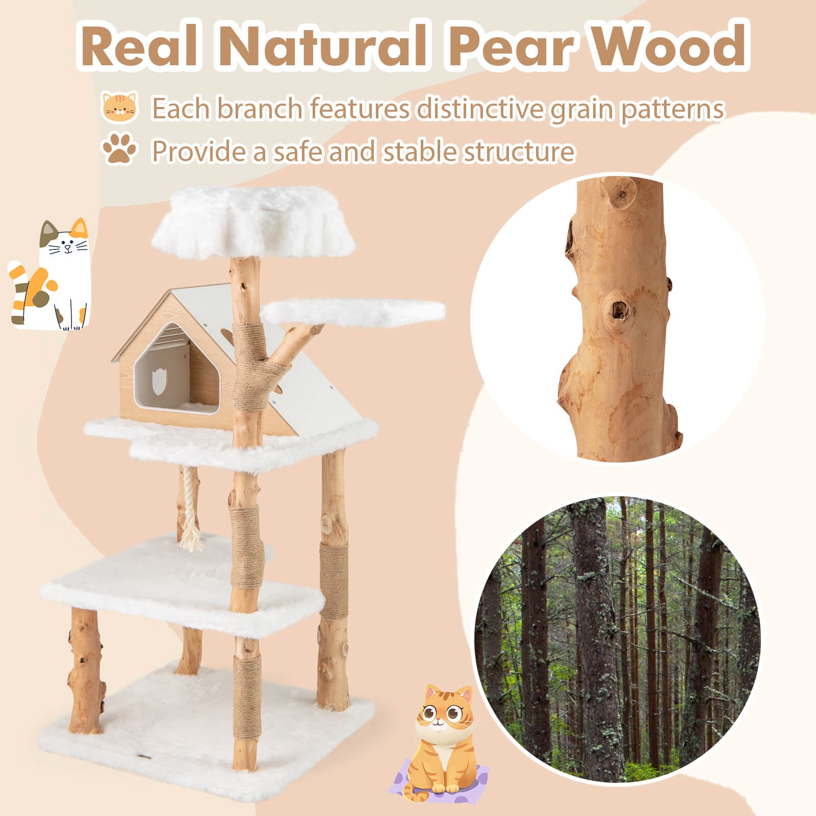 Infans 60" Tall Solid Wood Cat Tree w/ 2 Perches Condo Jute Scratching Posts Sisal Rope