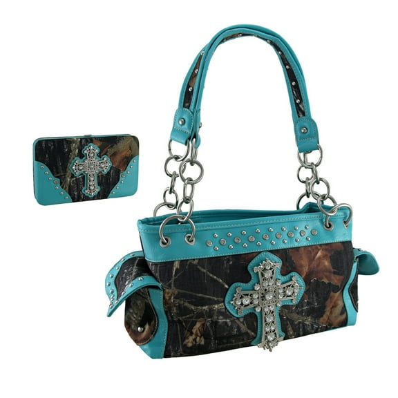Deep Forest Camouflage Rhinestone Cross Purse / Wallet Set Turquoise Blue Trim