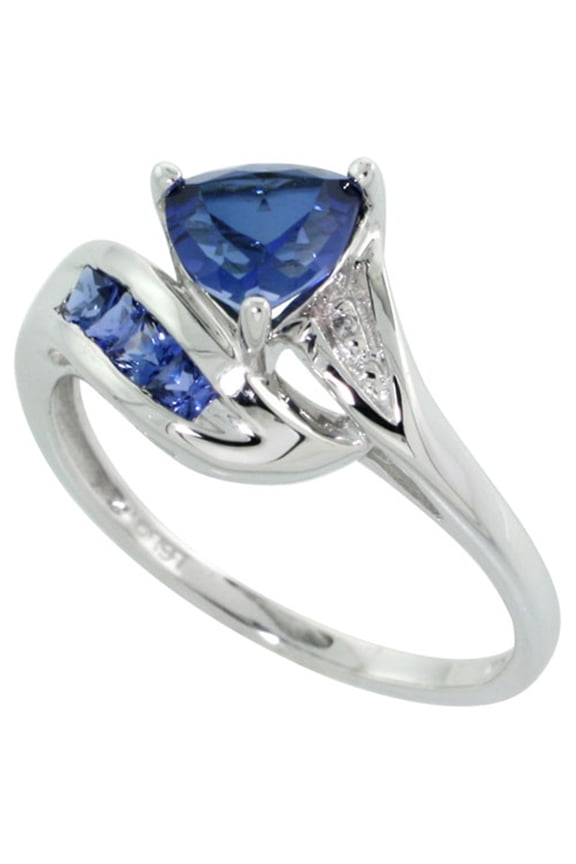 10k White Gold Trillion Ring Brilliant Cut Diamonds & Lab Created Dark Tanzanite Stones 3/8 size 5