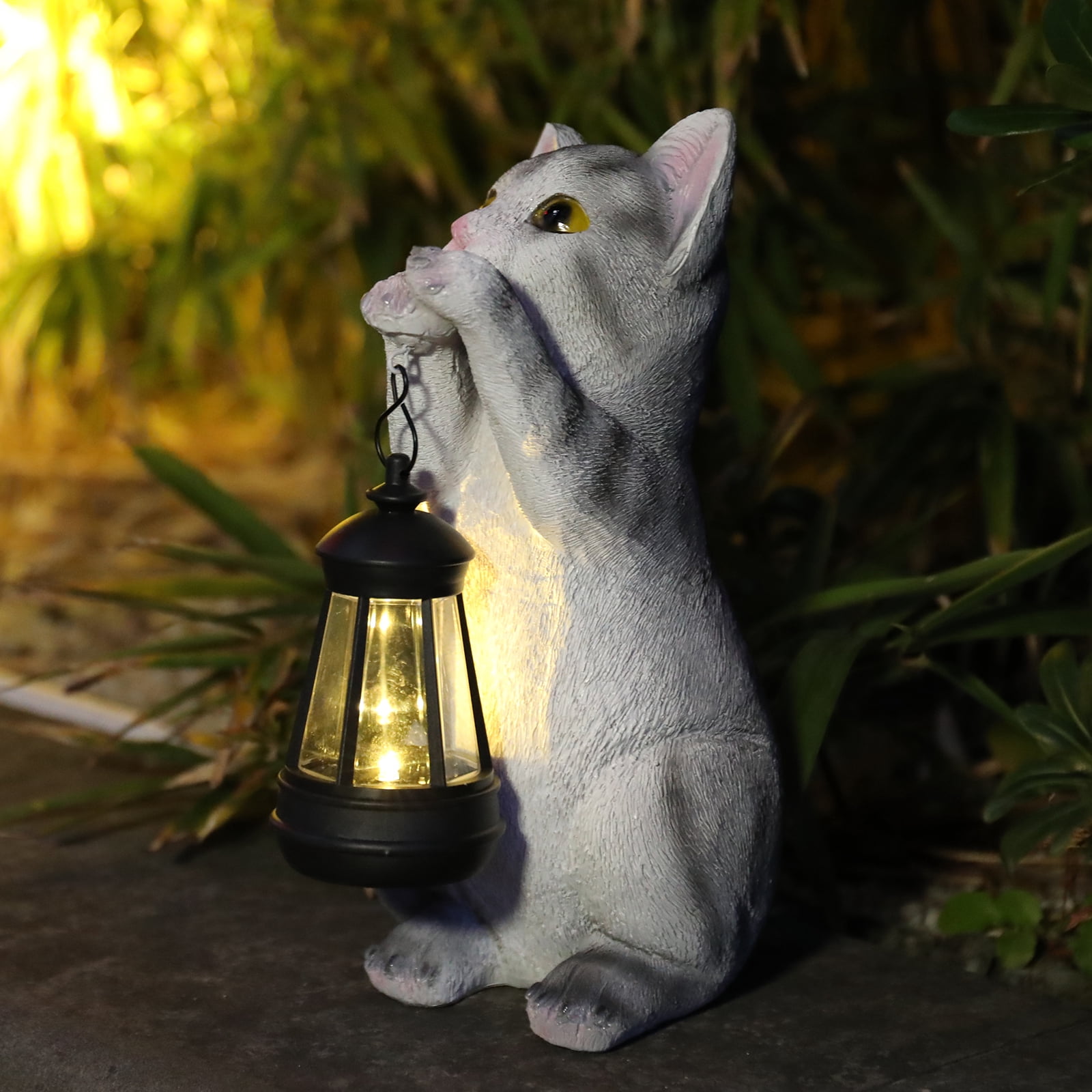 10 Inch Cat Garden Statue with Solar Lantern,Solar Statue,Resin Decor for Patio, Lawn & Outdoor Spaces