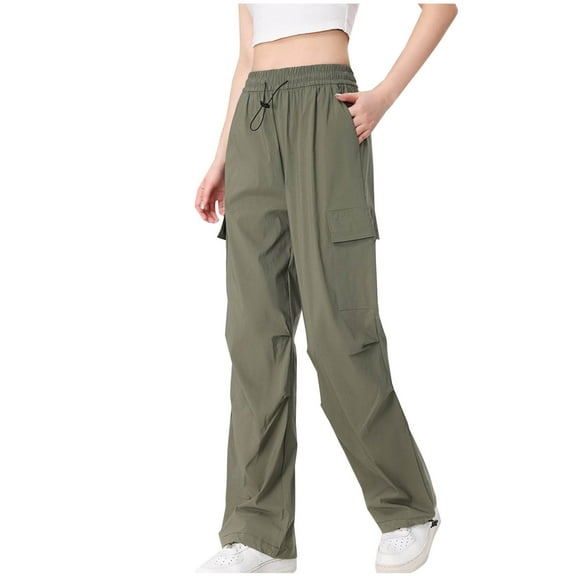 Ayolanni Army Green Womens Summer Pants Cargo Straight-Leg Elastic Band Drawstring Solid Pants Ladies Pants L