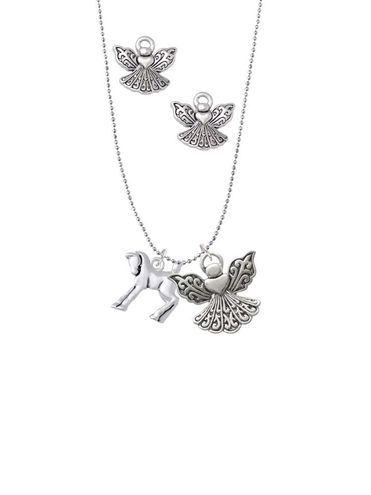 Delight Jewelry Silvertone Equestrian Horse Silver tone Guardian Angel Charm Necklace and Stud Earrings