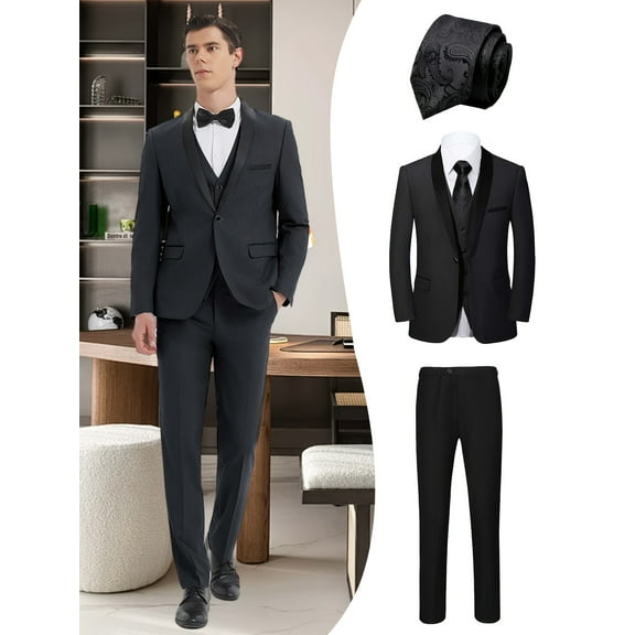 Beauty-Emily Men's 4-Piece Formal Suit Set, Jacket, Vest, Pants, Black Tie, Shawl Collar, for Wedding, Business, Party, Banquet, Prom, Formal Events, Graduation