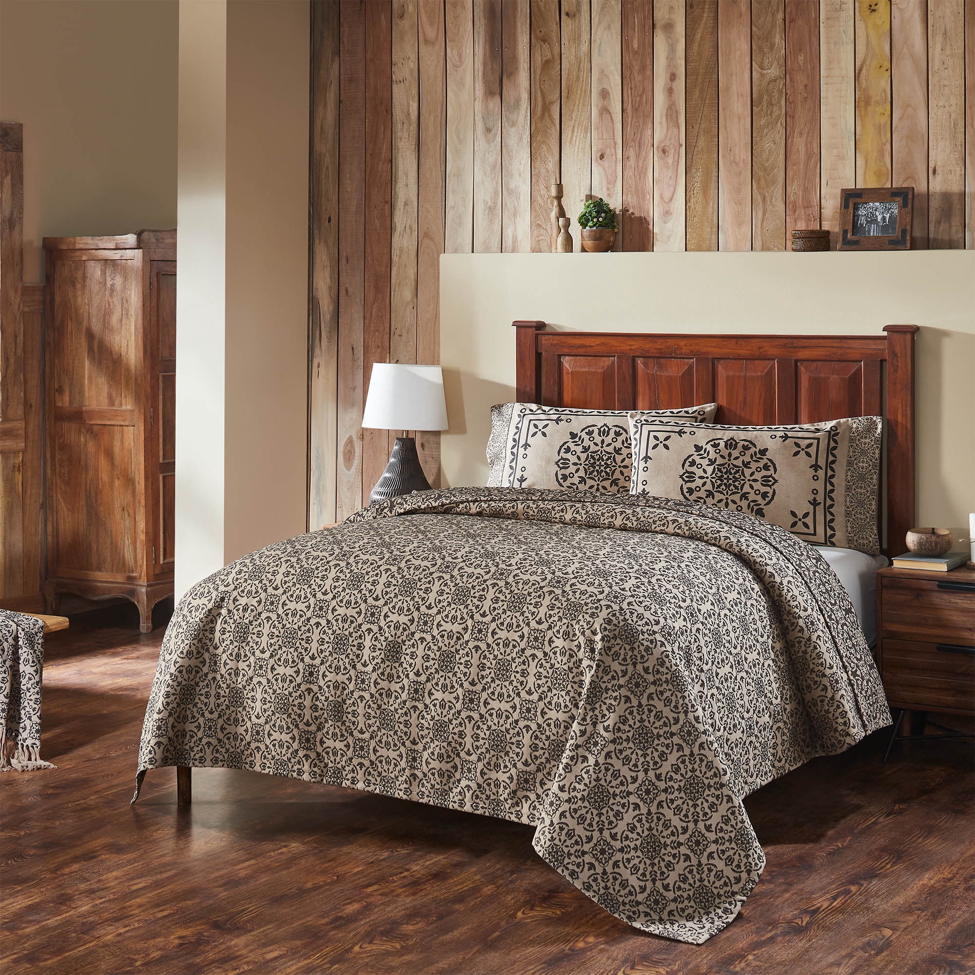 VHC Brands Coverlet Queen Woven, Waffle Reversible Coverlet, Boho Style Bedding, Bedroom Decor, Lush Blanket, Farmhouse, Custom House, Square 94x94, Tan Black