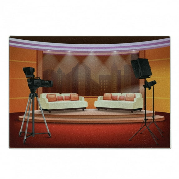 TV Show Cutting Board, Cartoon Style Graphic of Talk Show Studio with Couches Camera and Backstage View, Decorative Tempered Glass Cutting and Serving Board, in 3 Sizes, by Ambesonne