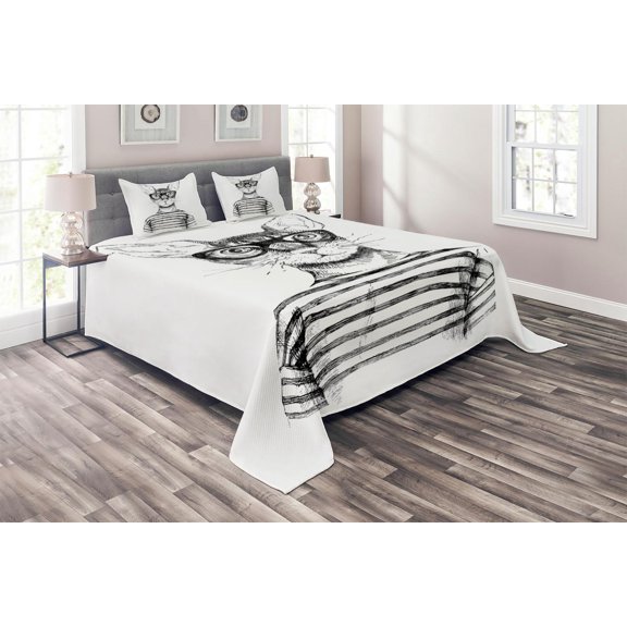 Ambesonne Black White Quilted Coverlet 3 Pcs, Hipster New Age Cat, King Size, Black White