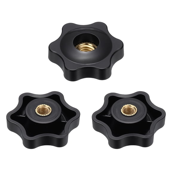 Uxcell 3pcs Star Knobs M5 Female Thread 32mm 6-Point Plastic Head Brass Insert Through Hole Screw-in Threaded Knob Hand Tightening Clamping Handles, Black