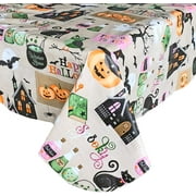 Newbridge Witches Brew Halloween Vinyl Flannel Backed Tablecloth, Ghosts, Bats, Witches Spells, Haunted House Halloween Easy Care Wipe Clean Tablecloth, 52 In x 52 In Square