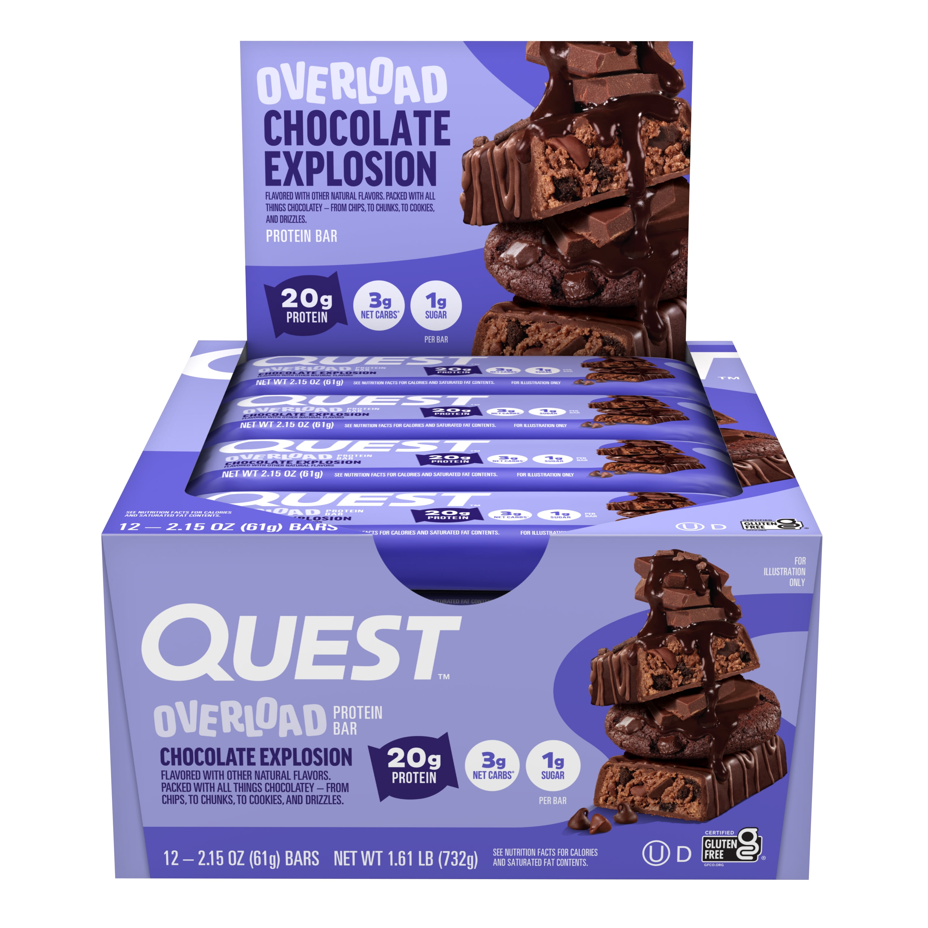 Quest Overload Protein Bar, Chocolate Explosion Flavor, Gluten Free, 20g Protein, 12 Count