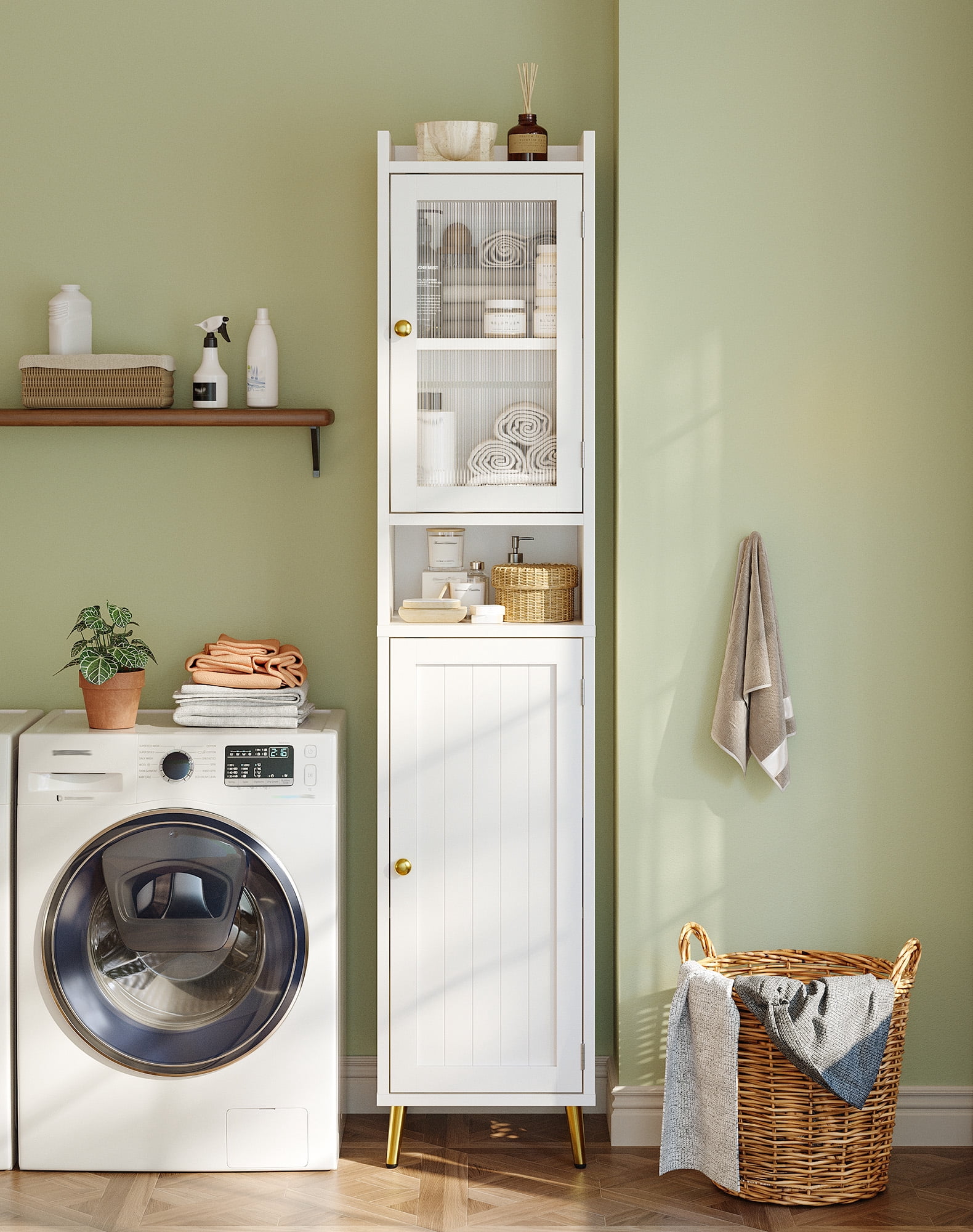 EnHomee 69" Tall Bathroom Storage Cabinet,Narrow Linen Cabinet with 2 Door and Adjustable Shelves​,White