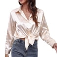 thumbnail image 5 of Womens Tops Satin Satin Imitation Silk Long Sleeved Button Down Blouse Shirts for Women, 5 of 7