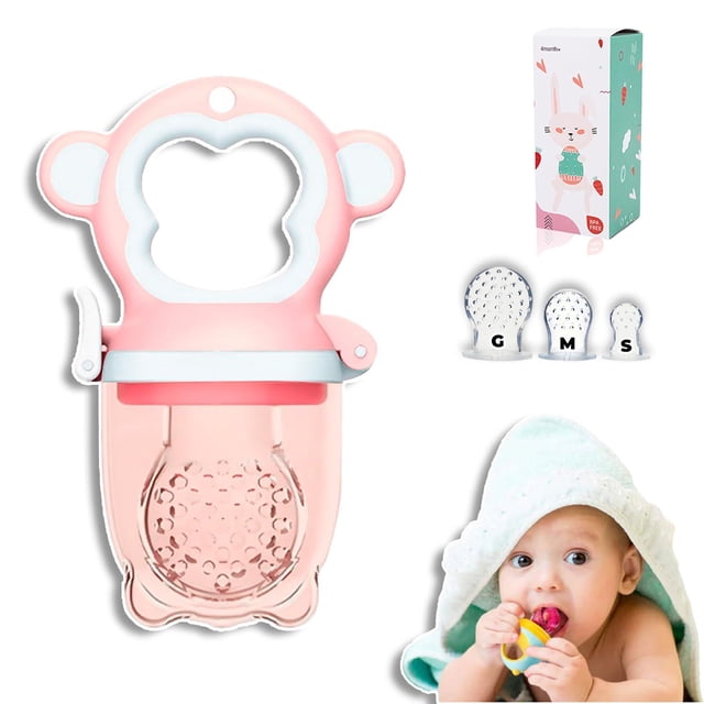Chupón Para Fruta y Papilla MONKEY Rosa con Seguro y Tapa Libre de BPA