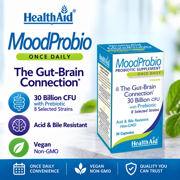 MoodProbio 30 Billion CFU With Prebiotic, Once Daily, Acid & Bile Resistant, Gluten, Dairy, and GMO Free, Vegan