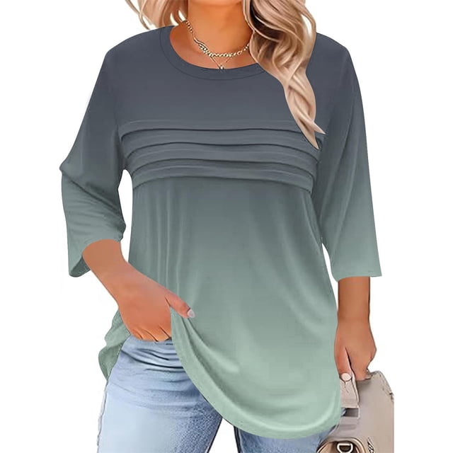 Neewe Womens Plus Size Tops 3/4 Sleeve Shirts Crewneck Pleated Blouses Dressy Casual Fashion Tunic Top (1X-5X)