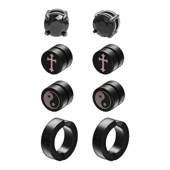 Airokiy 4 Pair Earrings Black Stainless Steel Earrings, Cubic Zirconia Fake Stud Earrings for Men Hypoallergenic