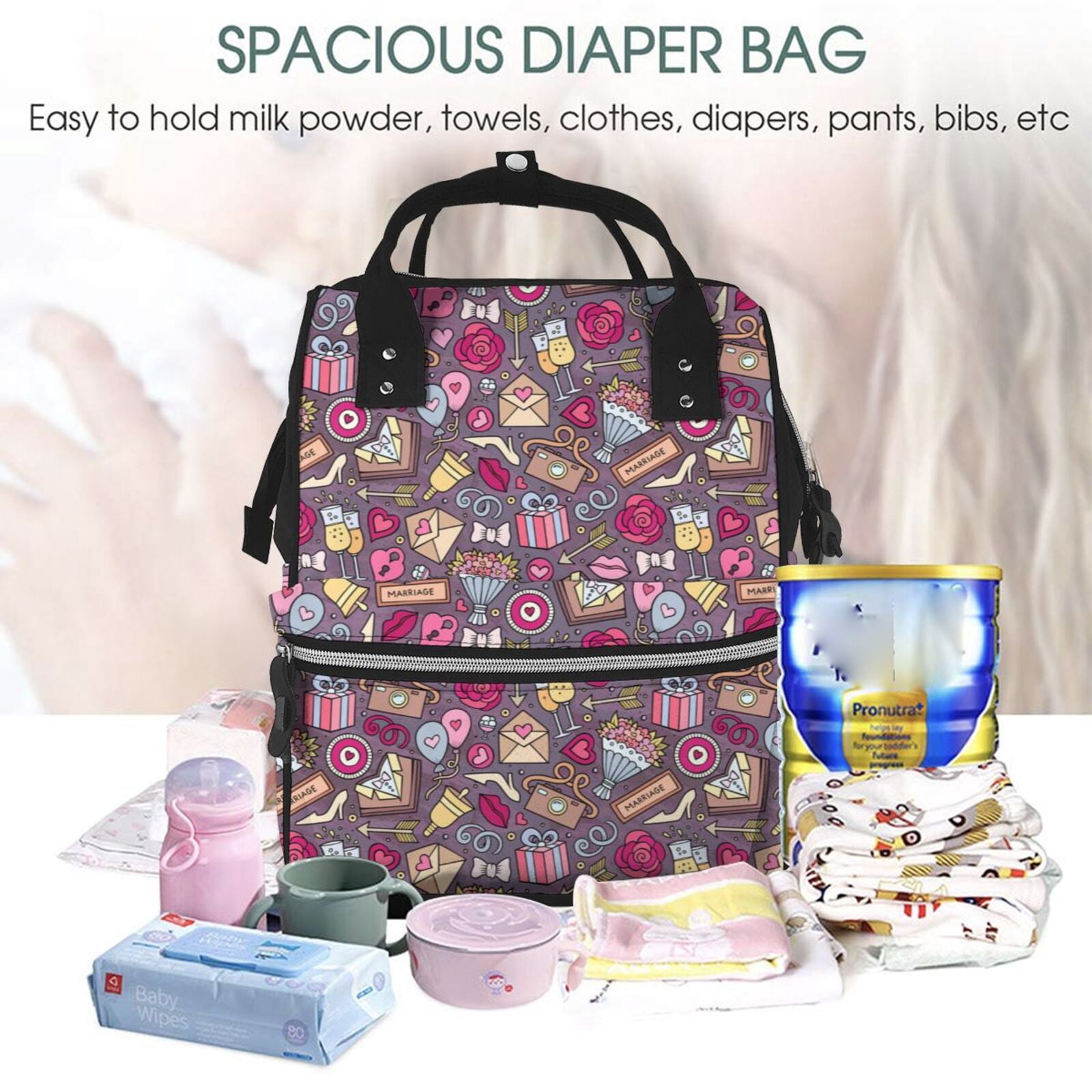 Fuzoiu Doodles Wedding Print Diaper Bag Backpack,Baby Essentials Travel Tote,Multi function Waterproof Diaper Bag, Travel Essentials Baby Bag - Unisex