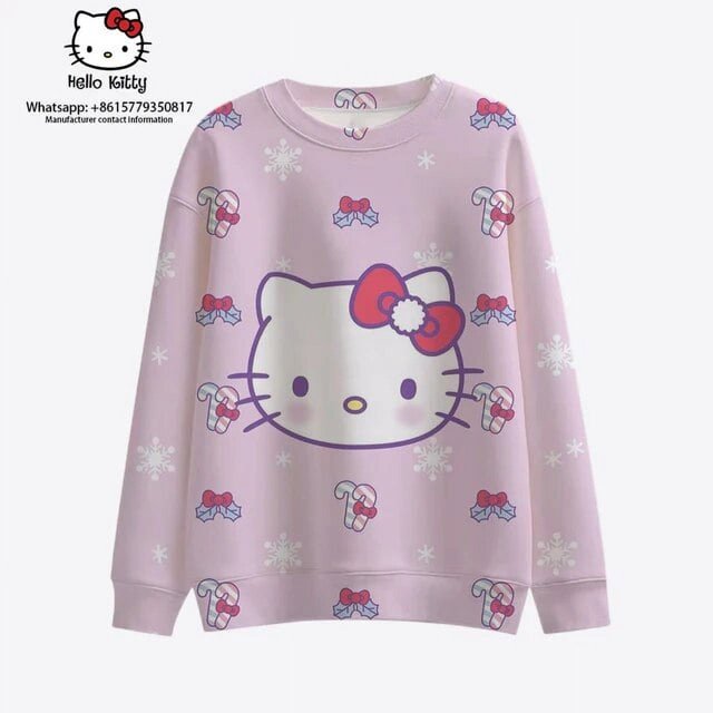 2023 Nouveau Mode Urbaine Style de Noël Hello Kitty Automne Harajuku Col Rond Décontracté Chandail à Manches Longues pour Femmes Hauts 2K