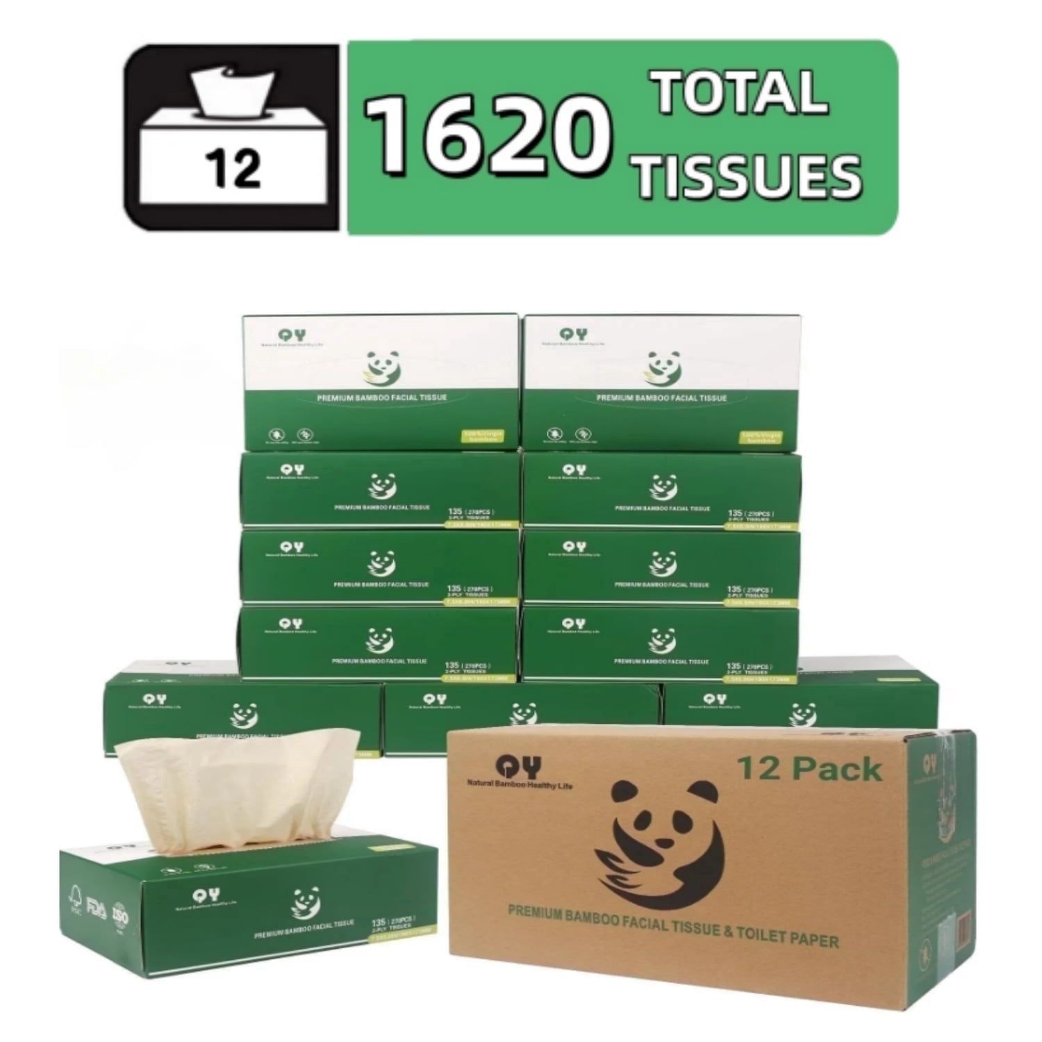 QingYa Premium Bamboo Facial Tissues, 2 ply- 12 Boxes, 135 Tissues per Box, Ultra Soft and Unbleached ﻿