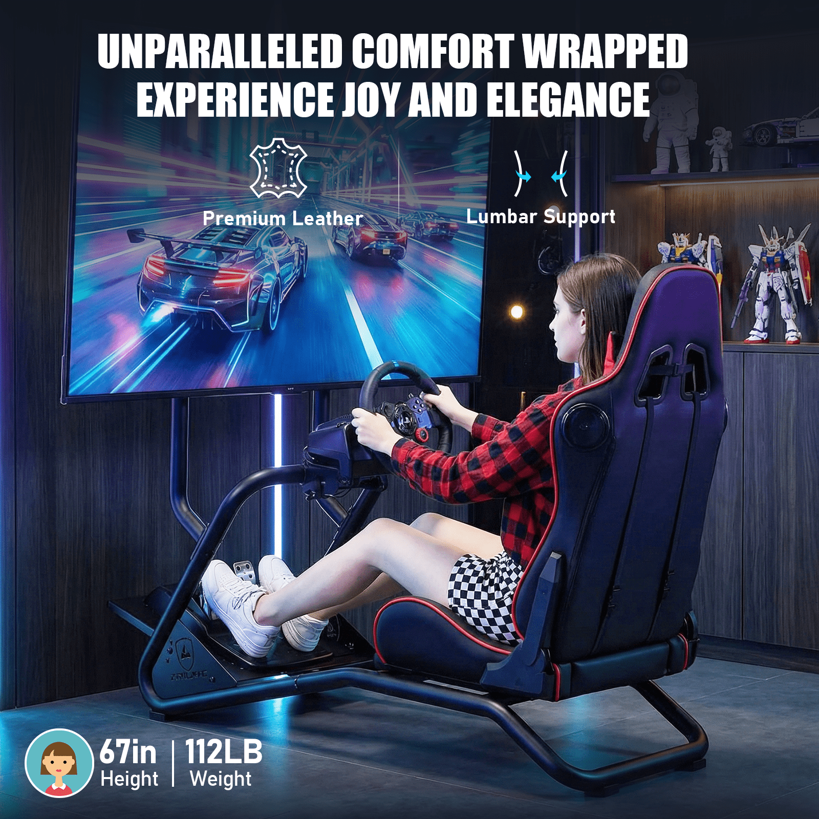 GTPLAYER Racing Simulator Cockpit with Monitor Stand, Racing Style Reclining Seat with Bluetooth Speakers, Red