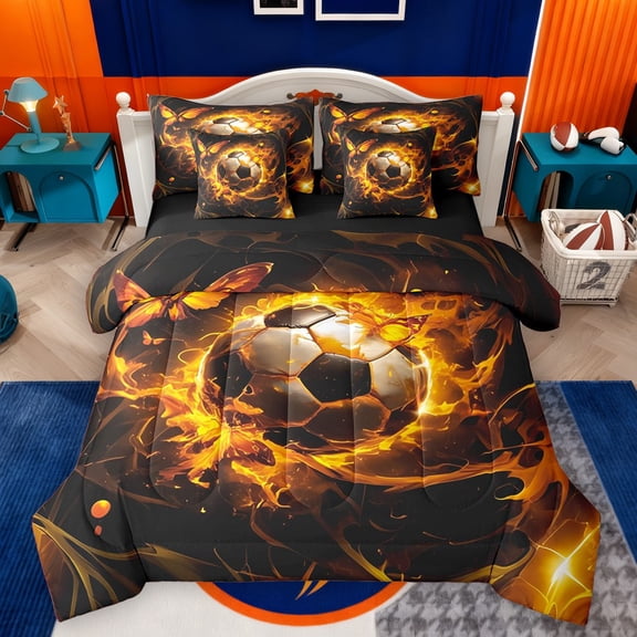 Castle Fairy Abstract Soccer Boy Girl Twin Bedding Sets 7-Piece,Sport Gamer Bedding Comforter Set Microfiber,Black Orange Breathable Sheet Sets,Luxury Bedroom Decor,Reversible