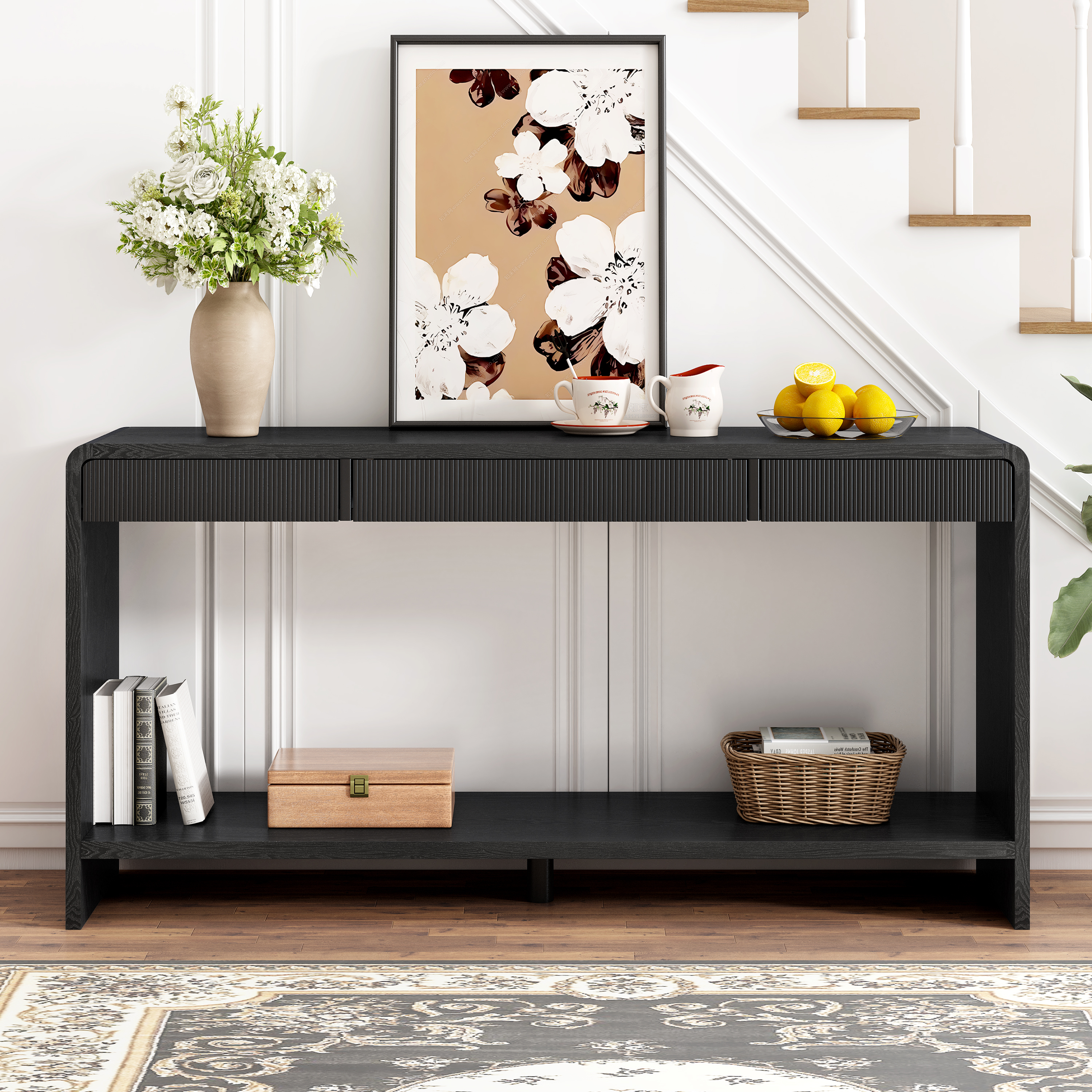 EUROCO 59" Console Table with 3 Drawers,Narrow Long Entryway Table with Round Edge Design and Bottom Shelf for Entryway Hallway Living Room,Black