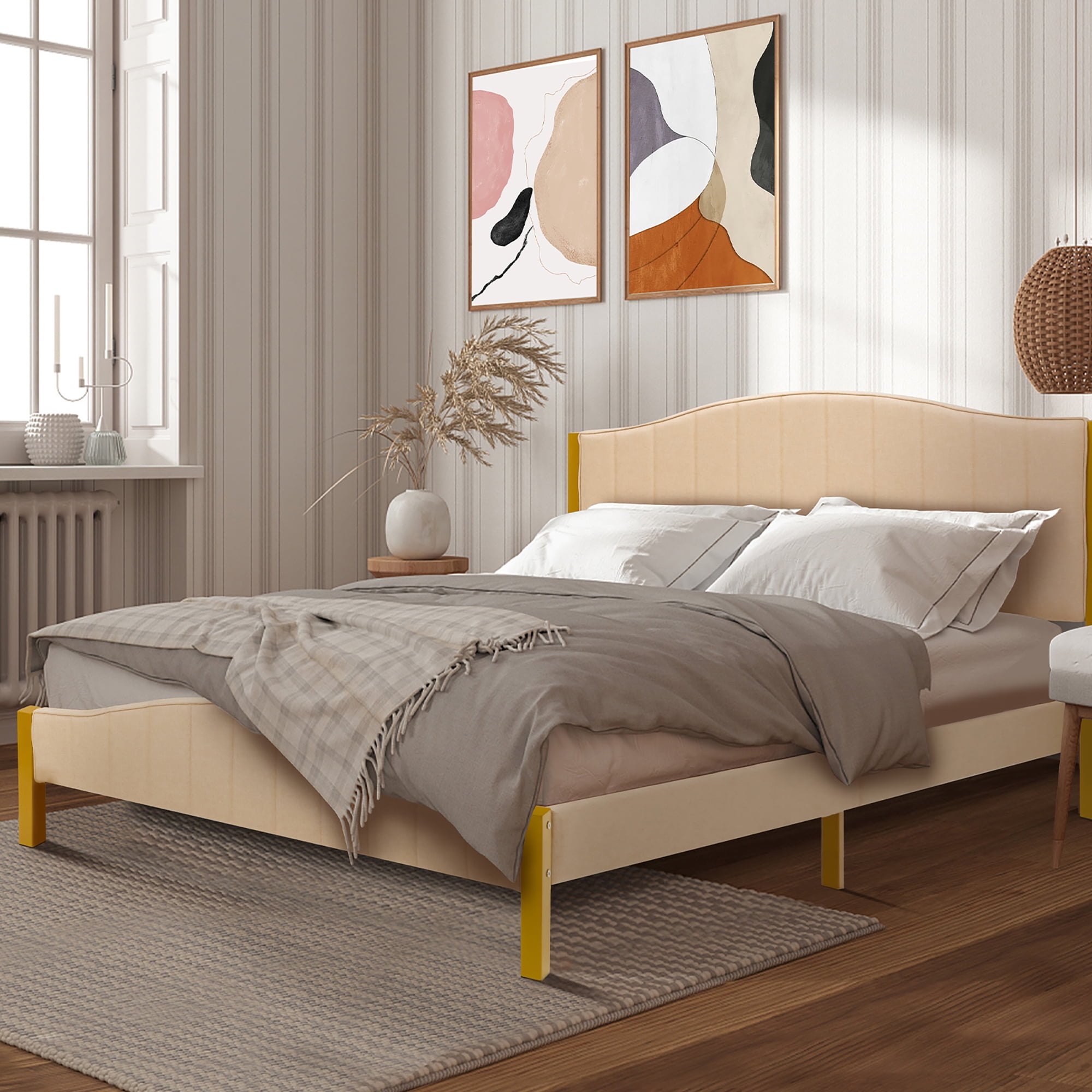 Costway Queen Size Upholstered Bed Frame Mattress Foundation Platform Quilted Headboard