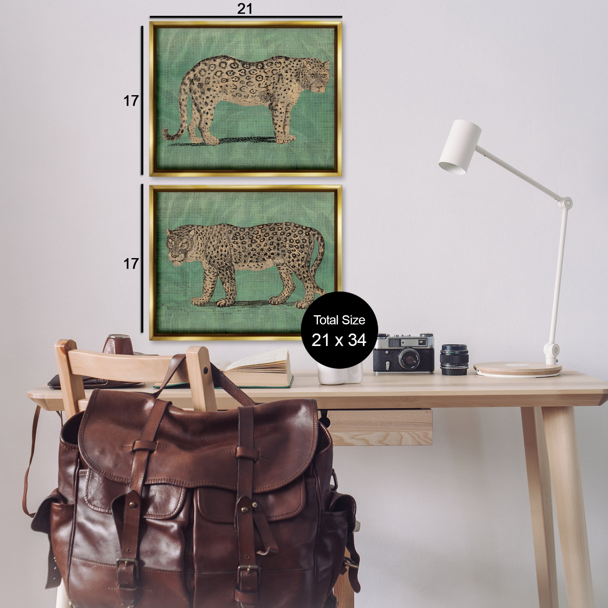 Stupell Industries Stunned Jaguar Hunting Animals Painting Gold Floater Framed Canvas Art Print Wall Art, 21 x 17, Set of 2