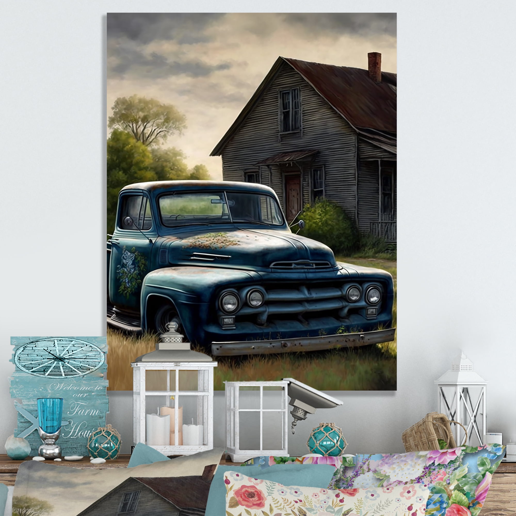 Designart Old American Truck In Barn I Canvas Wall Art