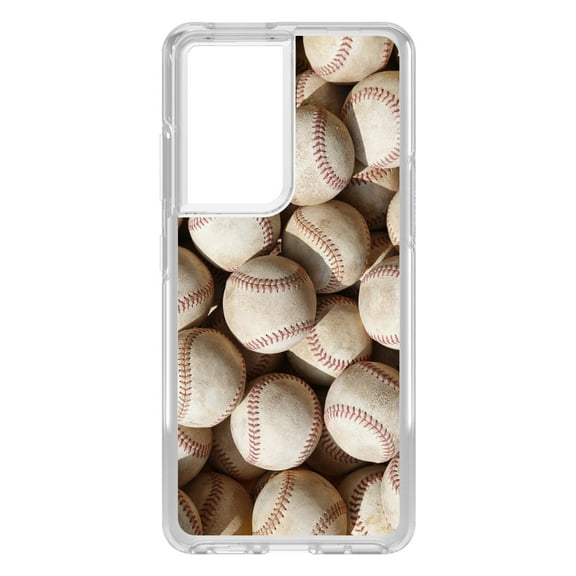 DistinctInk Clear Shockproof Hybrid Case for Galaxy S21 ULTRA 5G (6.8" Screen) - TPU Bumper, Acrylic Back, Tempered Glass Screen Protector - Old Baseballs - Show Your Love of Baseball