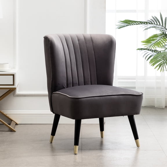 Contemporary Chair In Gray Velvet - Thick Foam Cushion, Curved Silhouette, Solid Rubberwood Legs With Gold Plating, 24"w X 33"h Seat, Stylish Form, Stable Gold-tone Accents,