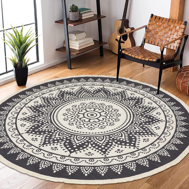 Alfombra de algodón Redonda 180 cm Lavable a máquina Alfombra de Entrada Tejida a Mano Alfombra con Borla para el hogar Cocina Sala de Estar Dormitorio brillar Electrónica