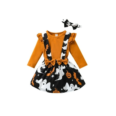 

Cathery 3Pcs Toddler Baby Girls Halloween Clothes Set Long Sleeves T-Shirt + Ghost Suspenders Skirt + Headband Outfits 0-4T