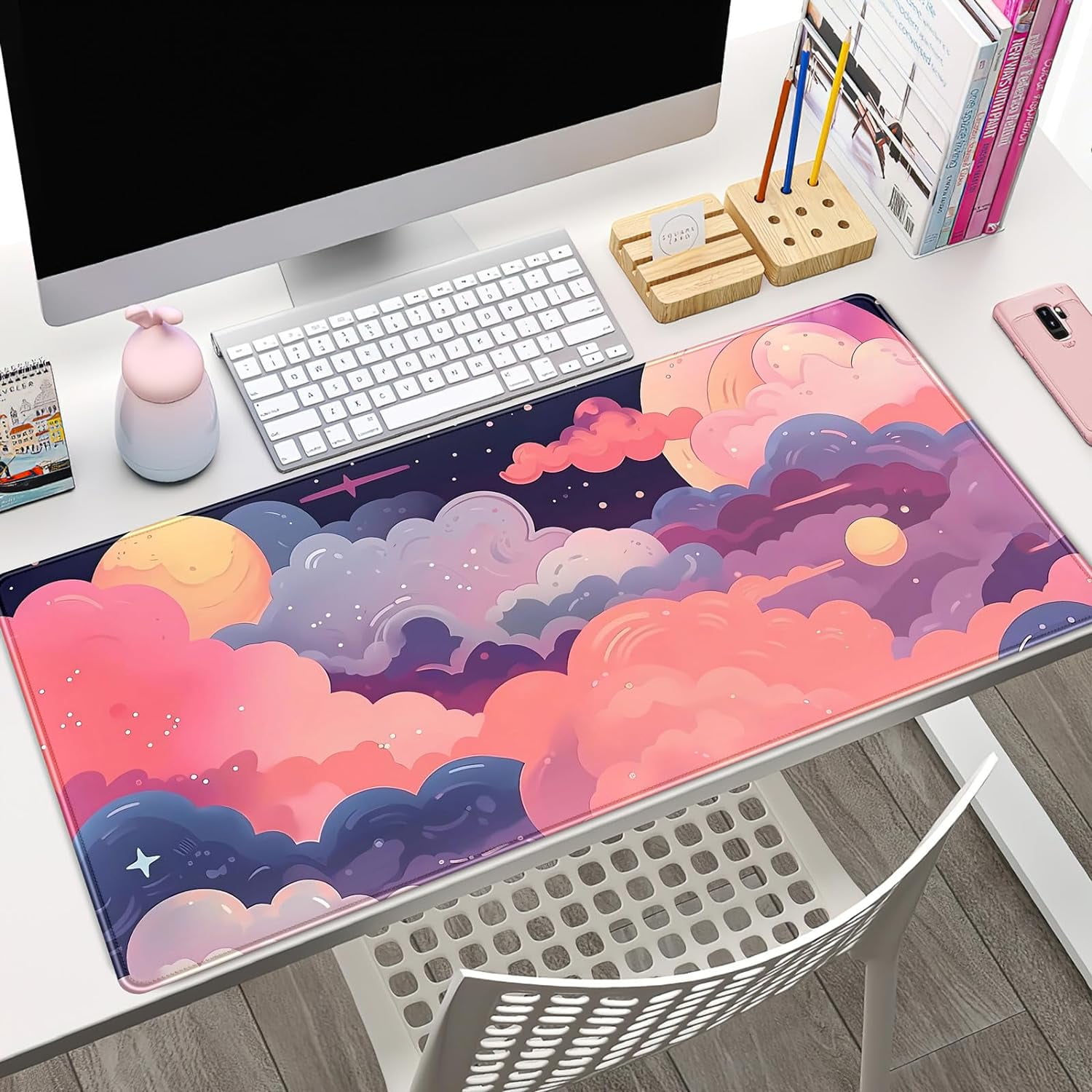 Cute Desk Mat Kawaii Clouds Pink Purple Desk Pad Anime XXL Large Mouse Pad Big Full Desk Gaming Mousepad Laptop Computer Keyboard Mouse Mat 31.5''X 15.7'' Cute Desk Decor Accessories