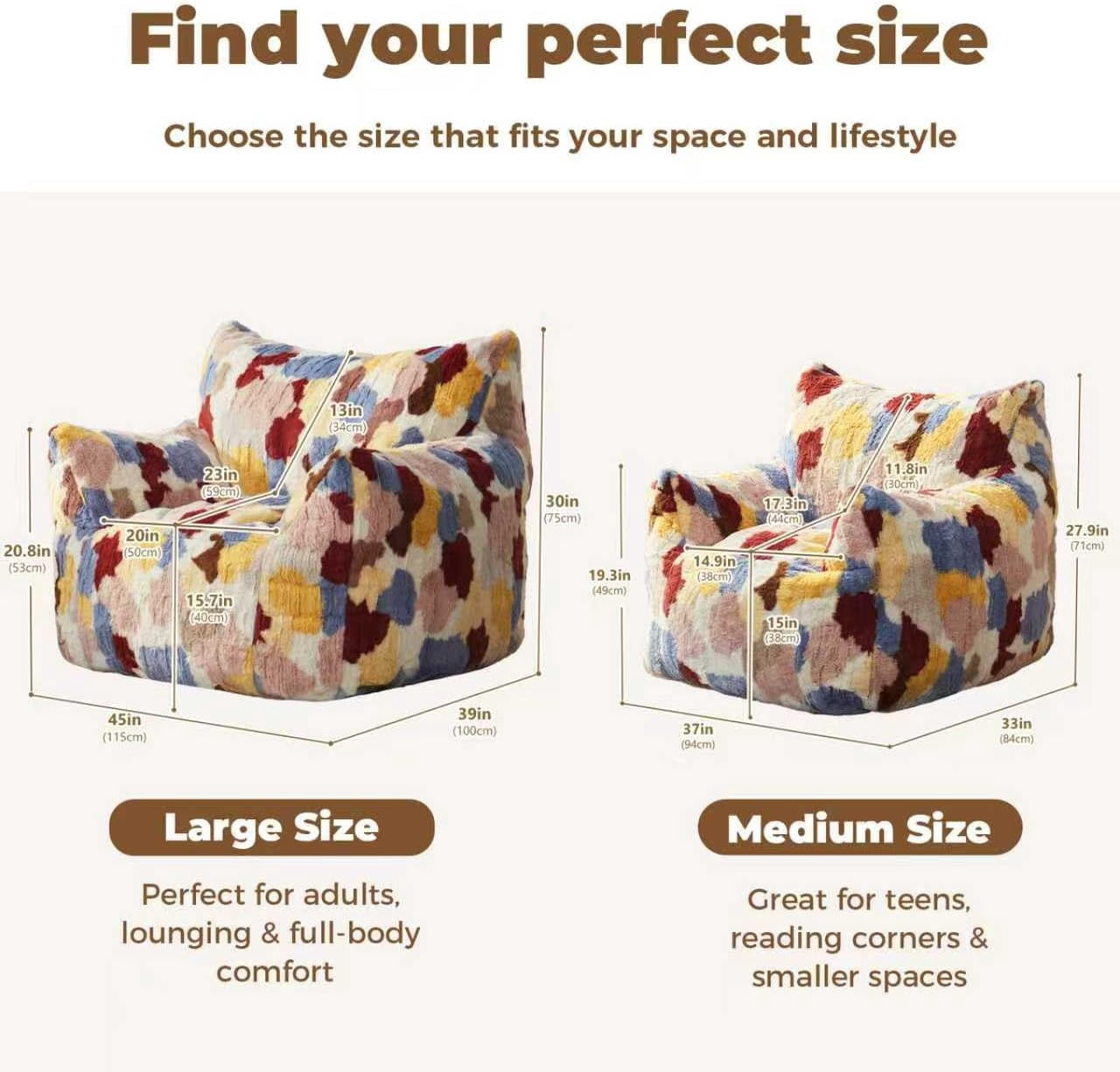 Ebenchico Giant Bean Bag Chair for Adults Teens, Large Bean Bag Couch Sofa with Armrests, Comfy Fuzzy BeanBag Chairs with Filling, Rainbow