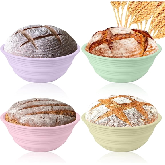 Ycgcp 4Pcs Silicone Banneton Bread Proofing Baskets, 9" Collapsible Sourdough Bread Baking Supplies Non-Stick Round Dough Proofing Bowl Containers Oven Safe for Various Tastes Bread Making-BPA Free…